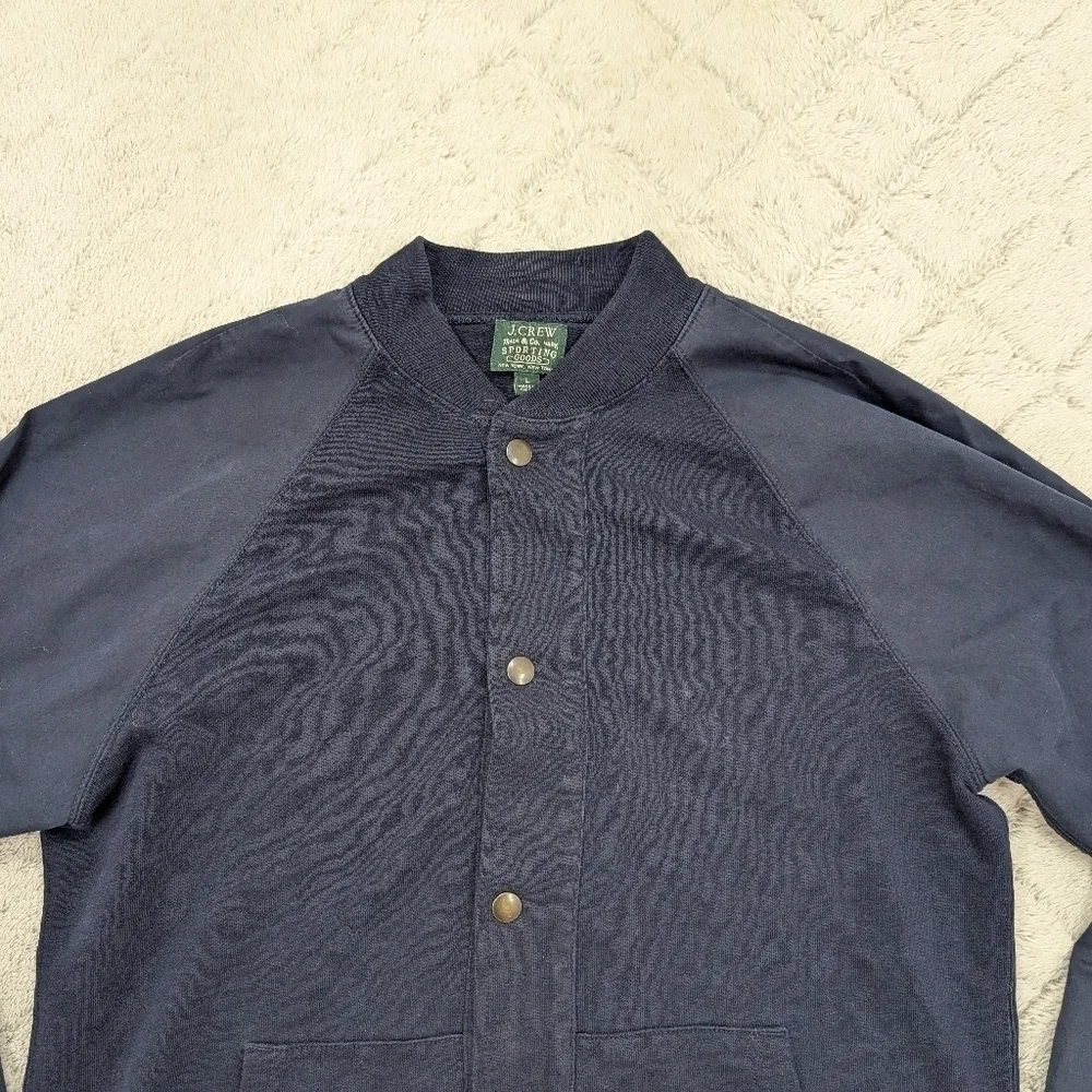 J. Crew Jacket Mens L Blue Navy Bomber Button Snap Varsity Sporting Goods Cotton